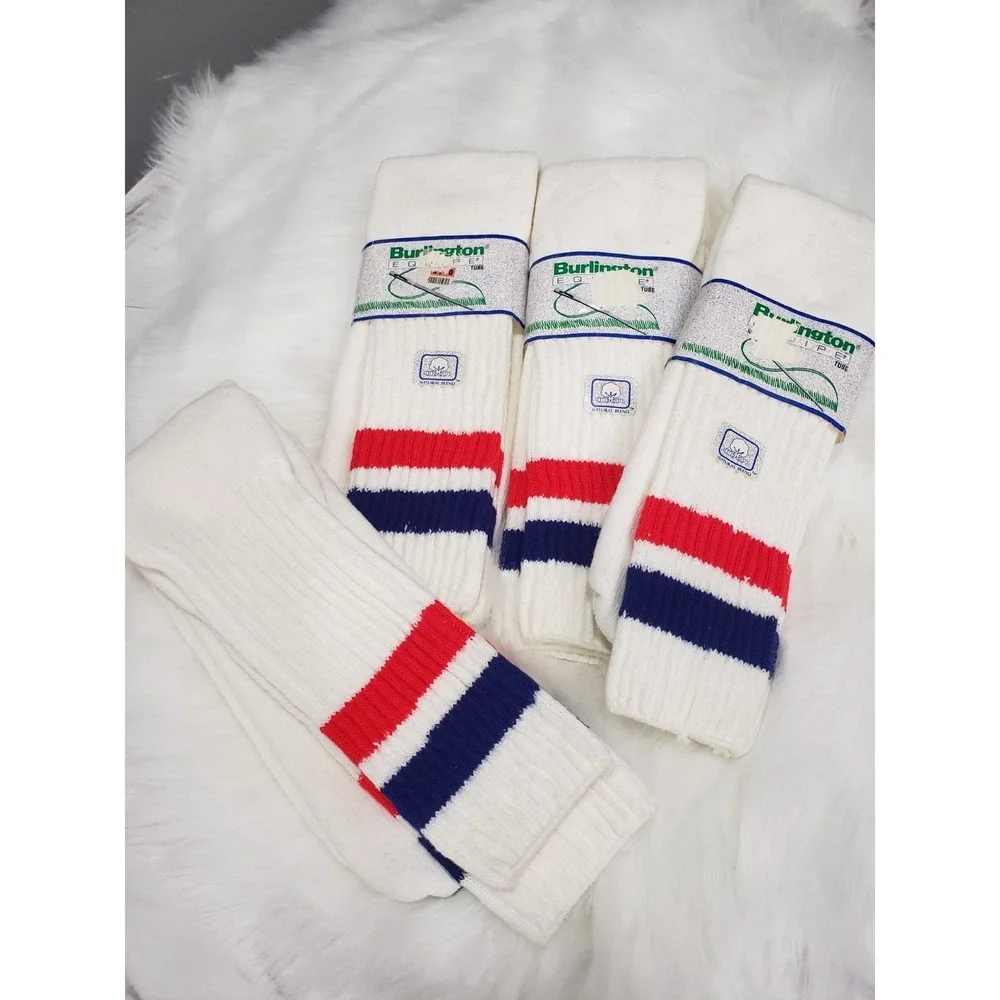 NEW 4 PAIR DEADSTOCK 1980s red blue white TUBE SOCKS burlington equipe mens 6-14